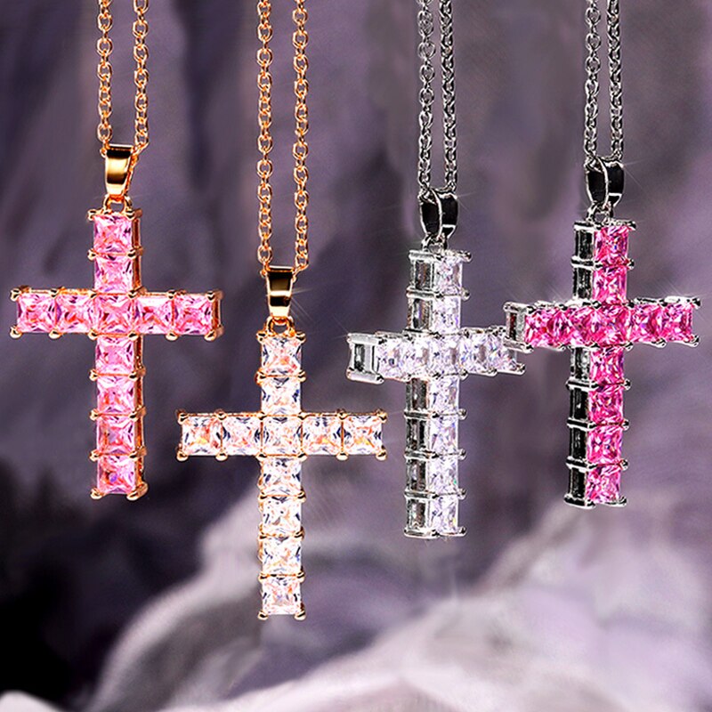 Fashion Shiny Cross Necklace Pink Silver Color Crystal Pendant Necklace