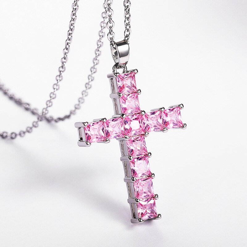 Fashion Shiny Cross Necklace Pink Silver Color Crystal Pendant Necklace