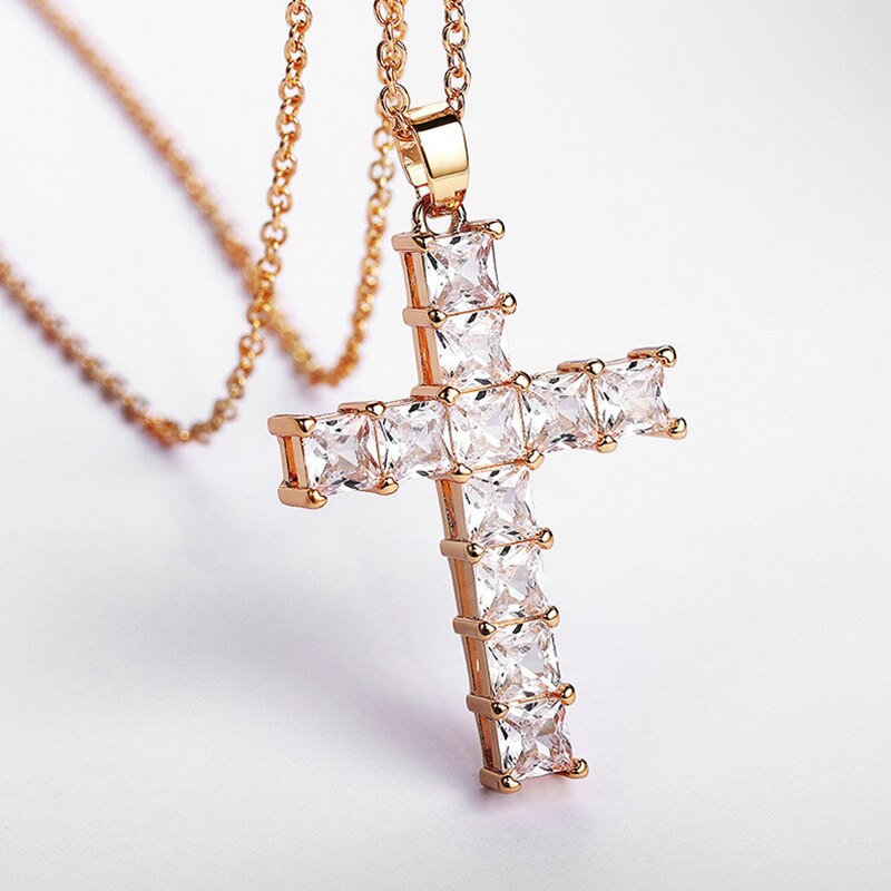 Fashion Shiny Cross Necklace Pink Silver Color Crystal Pendant Necklace