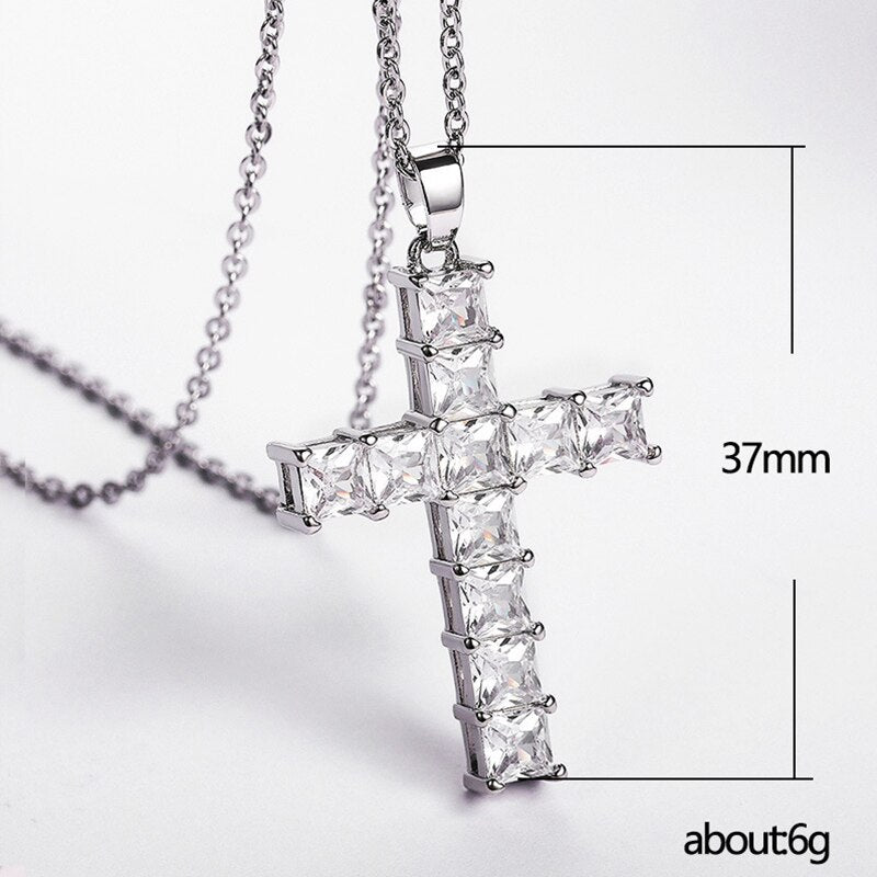 Fashion Shiny Cross Necklace Pink Silver Color Crystal Pendant Necklace