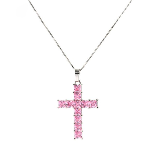 Fashion Shiny Cross Necklace Pink Silver Color Crystal Pendant Necklace