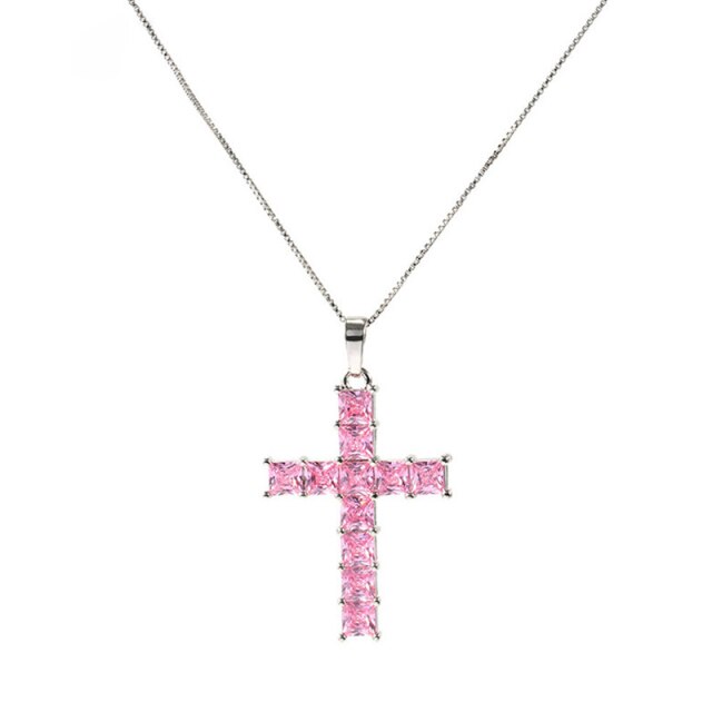 Fashion Shiny Cross Necklace Pink Silver Color Crystal Pendant Necklace