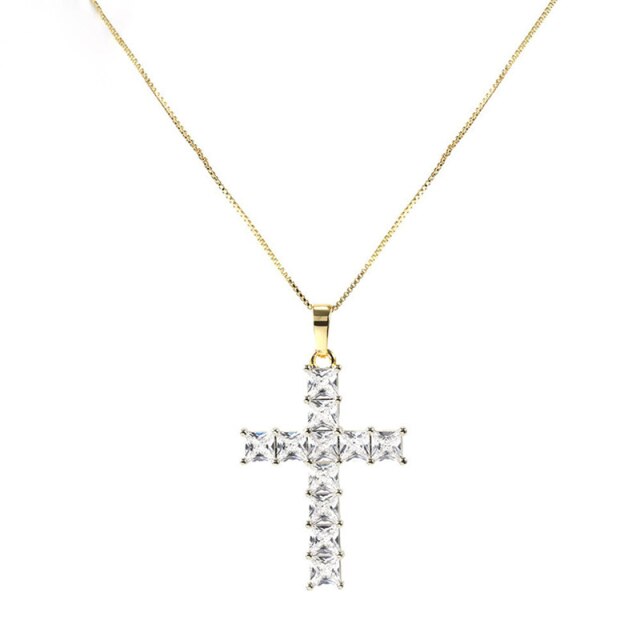 Fashion Shiny Cross Necklace Pink Silver Color Crystal Pendant Necklace