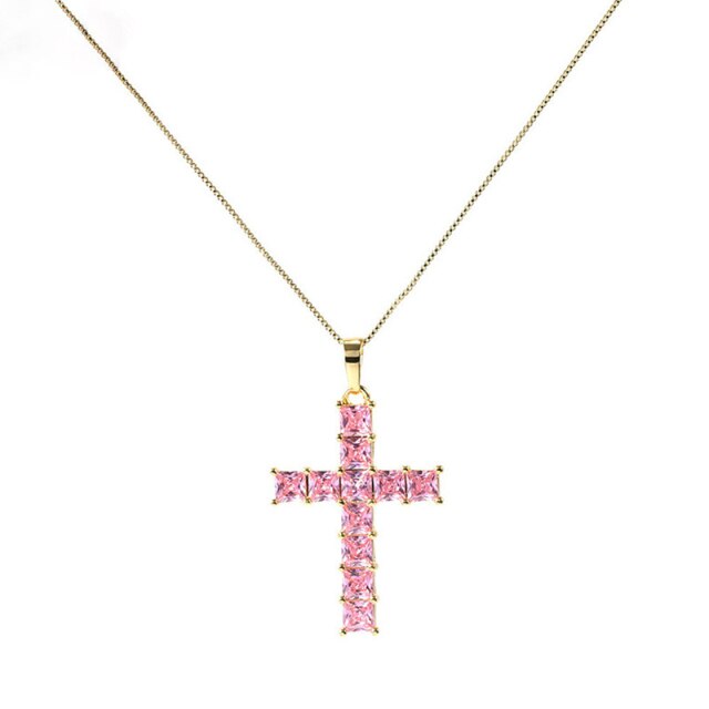 Fashion Shiny Cross Necklace Pink Silver Color Crystal Pendant Necklace
