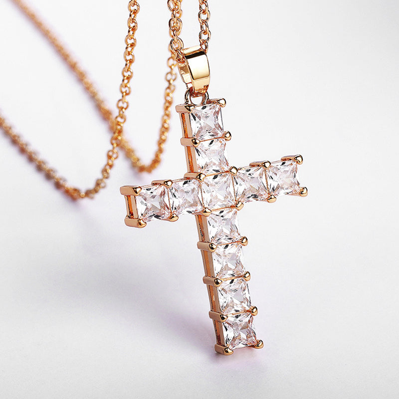 Fashion Shiny Cross Necklace Pink Silver Color Crystal Pendant Necklace