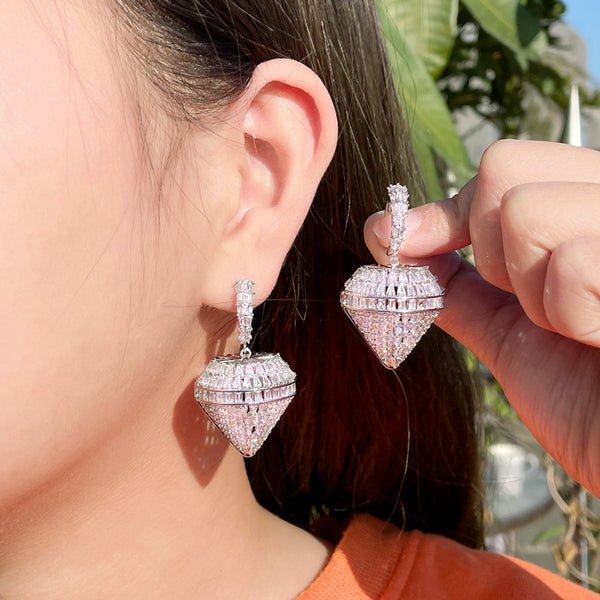 Stunning White Big Diamond Shape Cubic Zirconia  Drop Huggie Earrings