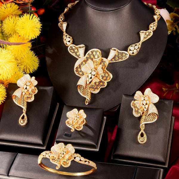 Fashion Hollow Flowers 4PCS Nigerian Jewelry Set For Women