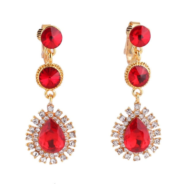 Pendientes de clip con forma de lágrima de cristal de diamantes de imitación de alta calidad en 12 colores