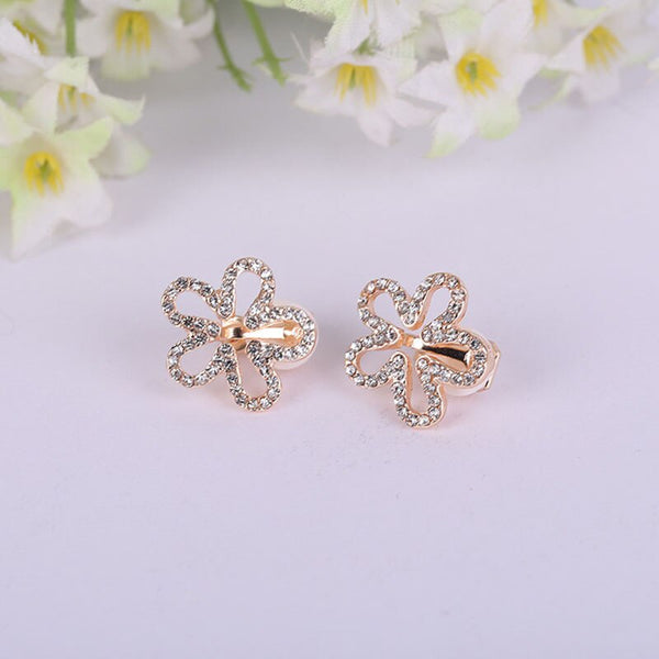Pendientes de clip con diamantes de imitación en forma de cinco pétalos estilo coreano