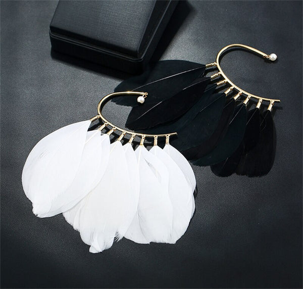 Unique White Black Feather Ear Cuff Clip  Earrings For  Women