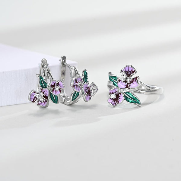 Pendientes de clip de moda con flores de esmalte verde y morado en plata 925 y circonita cúbica