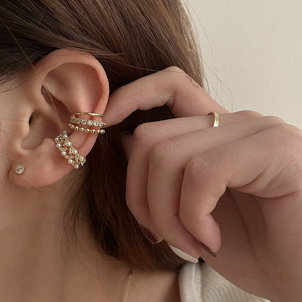 Pendientes coreanos delicados con circonitas y clip circular para mujeres y niñas, elegantes pendientes de perla sin perforar.