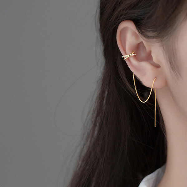 Pendientes de plata de ley 925 con borla y cadena cruzada de circonitas para mujer