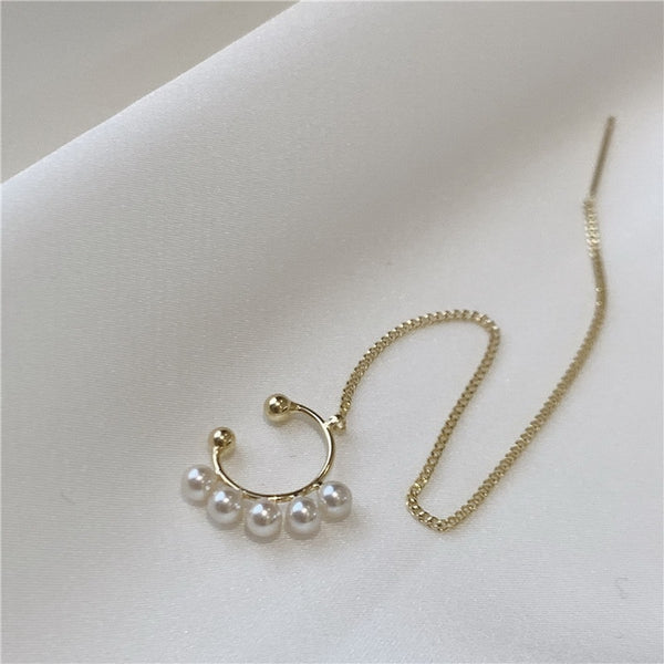 Pendientes de clip de cadena larga con perlas de moda para mujeres y niñas, color dorado.
