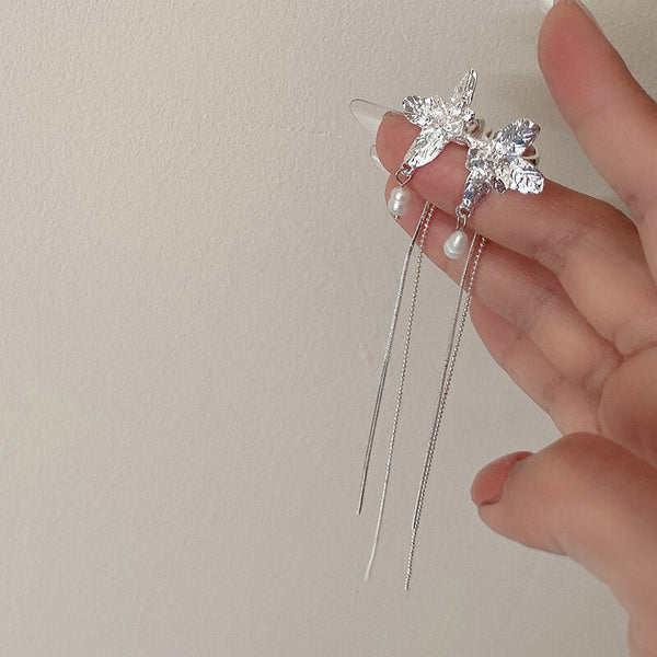1 par de pendientes de metal con borlas y hojas irregulares para mujer