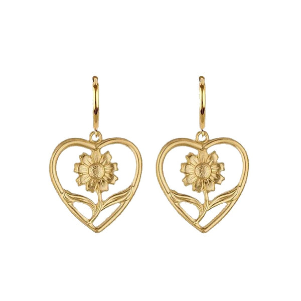 Pendientes largos de clip con forma de corazón y flor de oro, estilo girasol