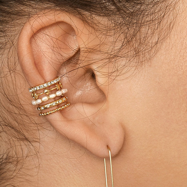 Pendientes de clip anchos con perla blanca para mujer, sin perforación