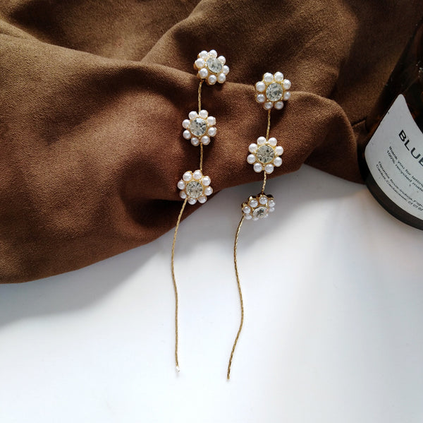 Pendientes largos con clip de flores, sencillos y con temperamento coreano