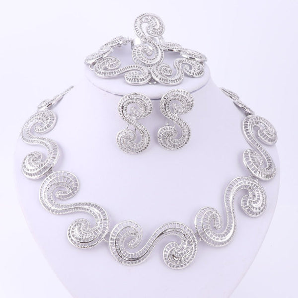 Silver Plated Hollow Out Necklace Bracelet Ring Earrings Sets