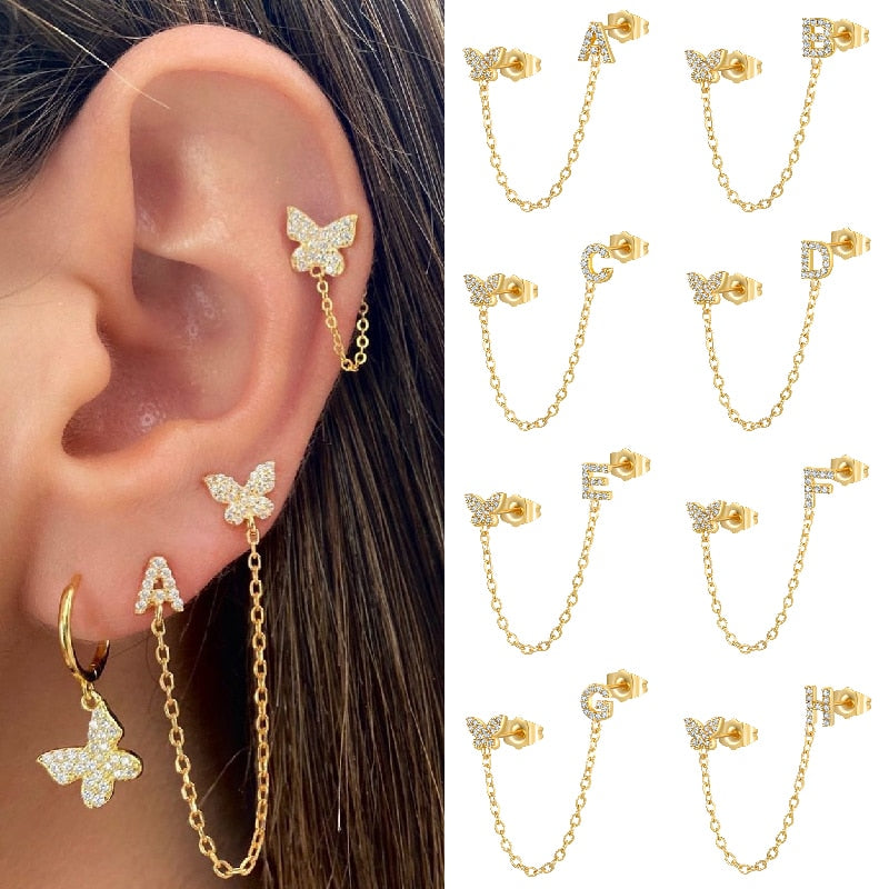 Gold Silver Color 1 PCS A-Z Letter Butterfly Connected Initial Chain Stud Earrings