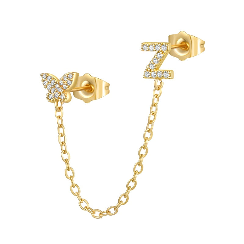 Gold Silver Color 1 PCS A-Z Letter Butterfly Connected Initial Chain Stud Earrings