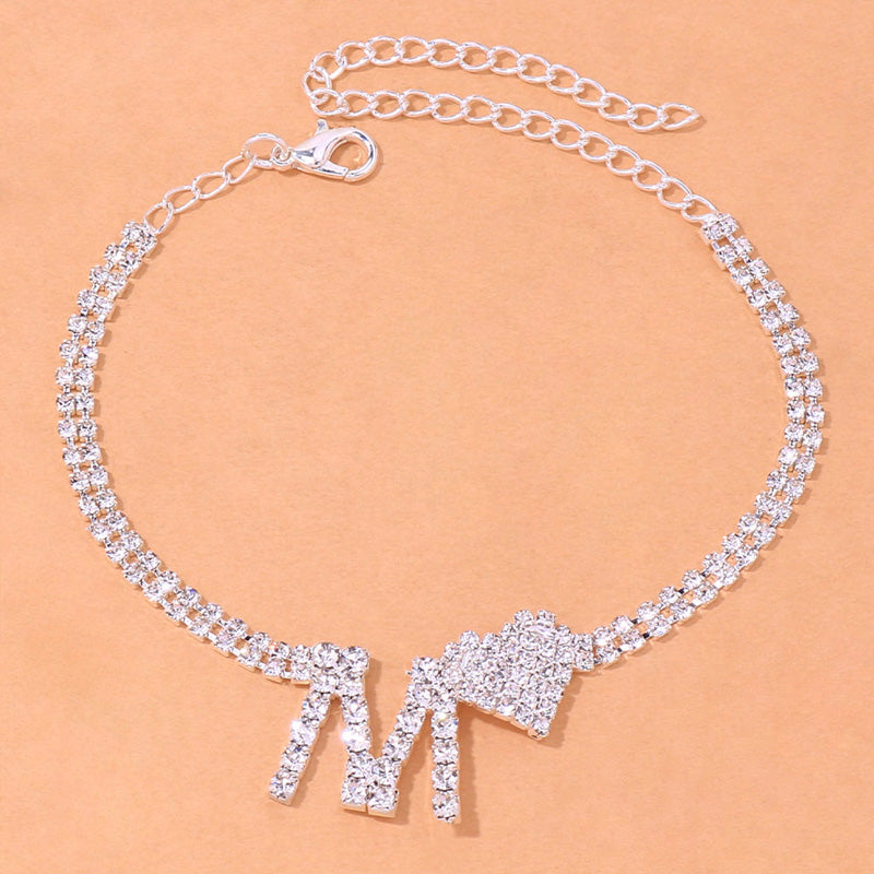 Fashion M Letter Heart Rhinestone Anklet Chain for Women