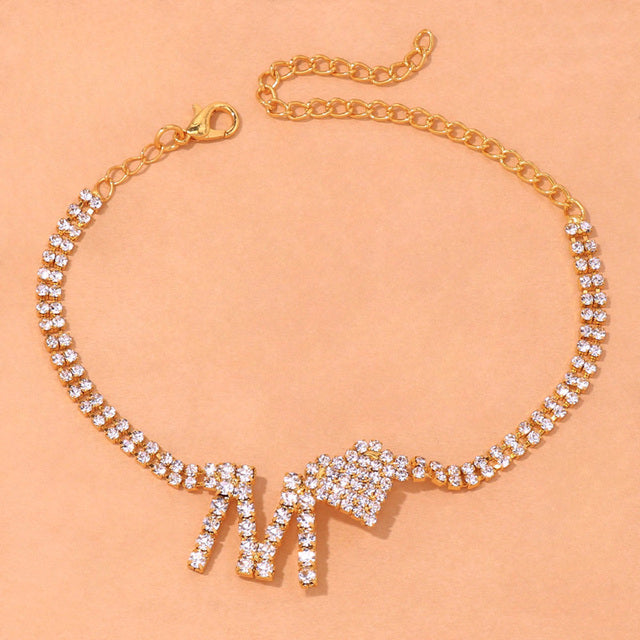Fashion M Letter Heart Rhinestone Anklet Chain for Women