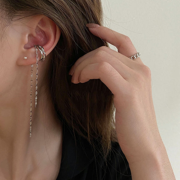 Pendientes de moda con doble cadena y borlas con clip para la oreja