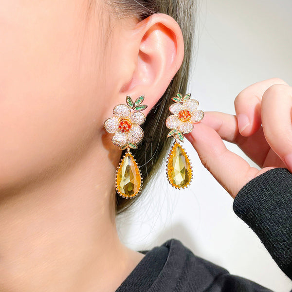 Long Big Flower Charm Water Drop Earrings for Brides