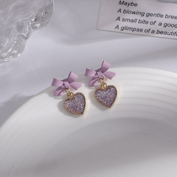Pendientes de lazo morado con forma de corazón, sin agujero, con clip