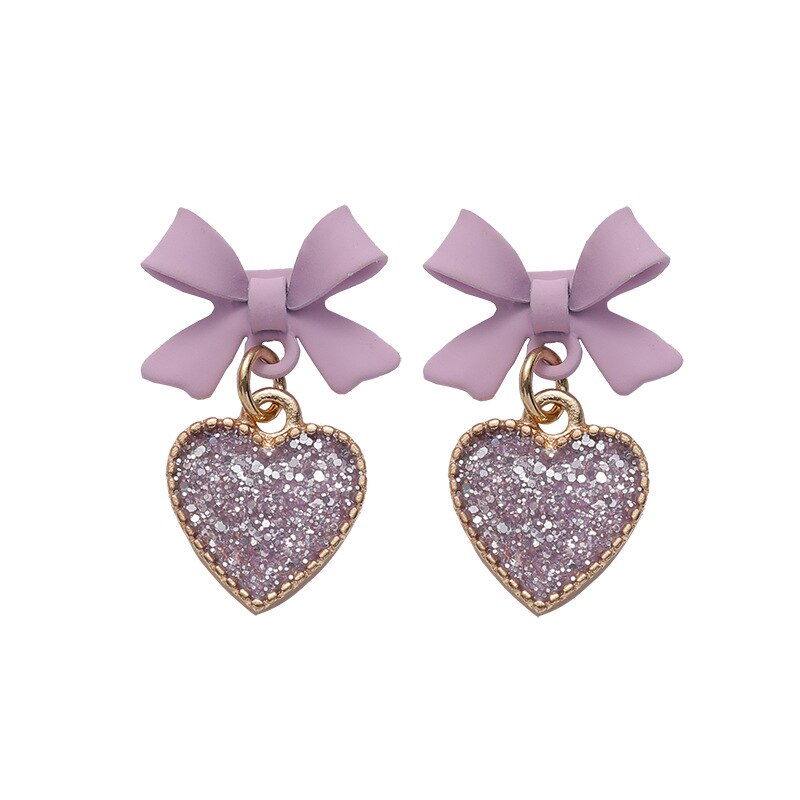 Purple Bow Love Earrings No Hole Ear Clips Sweet Heart Clip On Earring