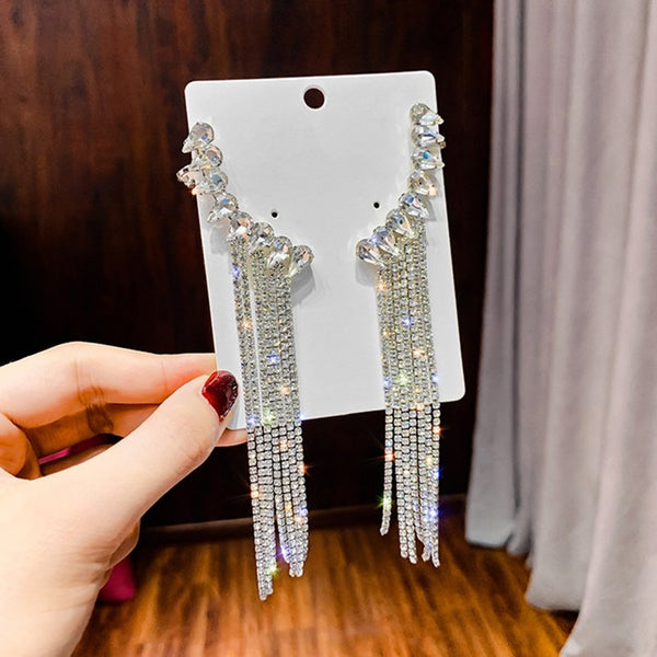 1 par de pendientes largos con borlas y cristal para mujer