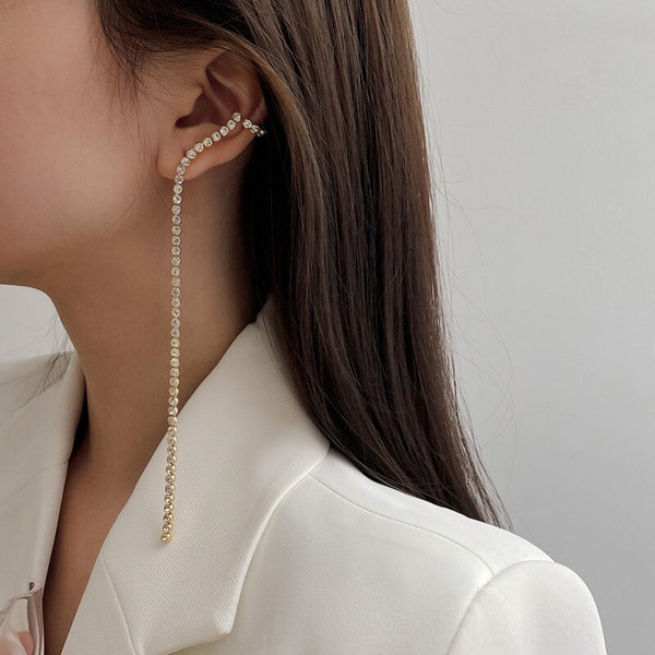 Pendiente de clip con forma de oreja de una pieza con diamantes de imitación para mujer, pendiente largo estilo hip hop