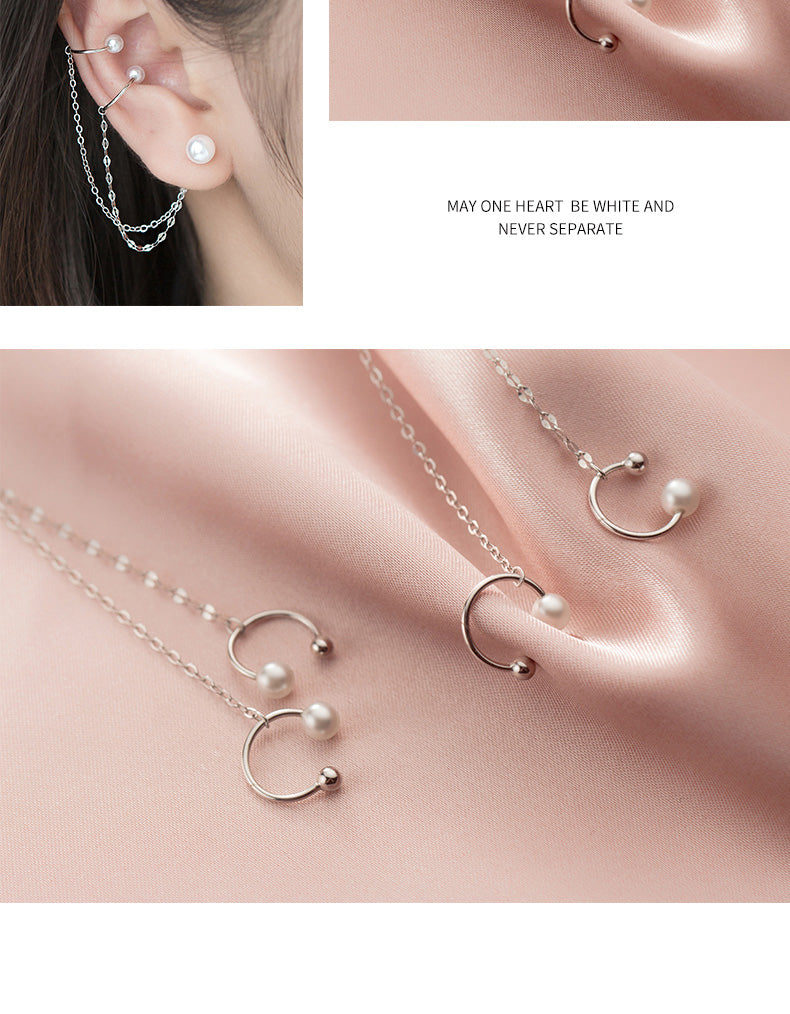 Minimalist 925 Sterling Silver Double Layer Chain pearl Ear Line  Cuff Clip on Earrings