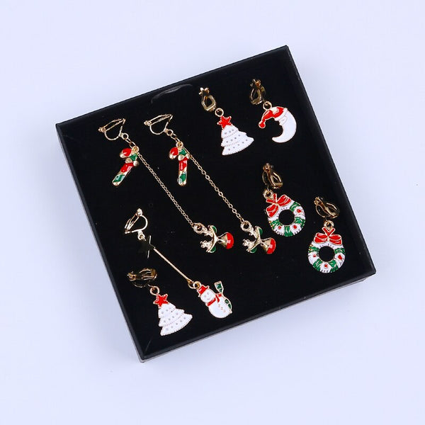 Pendientes navideños sin perforaciones con clip de Papá Noel, muñeco de nieve, ciervo y calcetín para árbol de Navidad