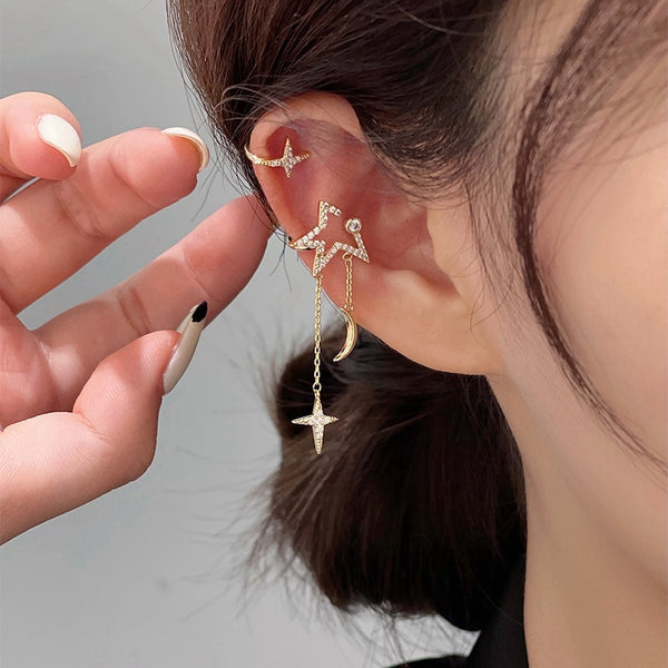 Delicados y elegantes pendientes de clip con micro pavé de circonitas en forma de estrella para mujer