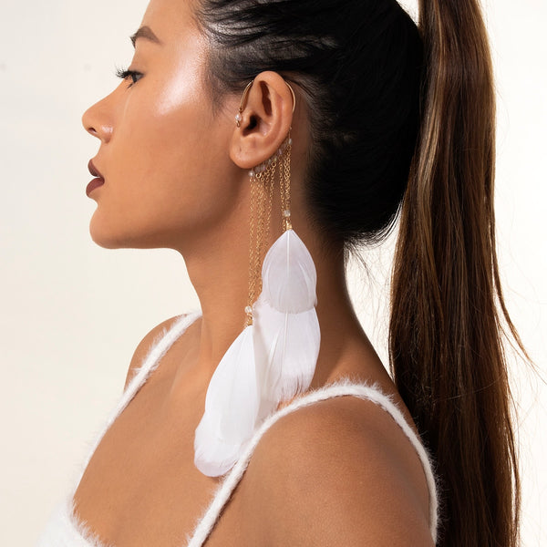 Unusual Earrings Feather Long Tassel Dangling Creative Clip Earrings