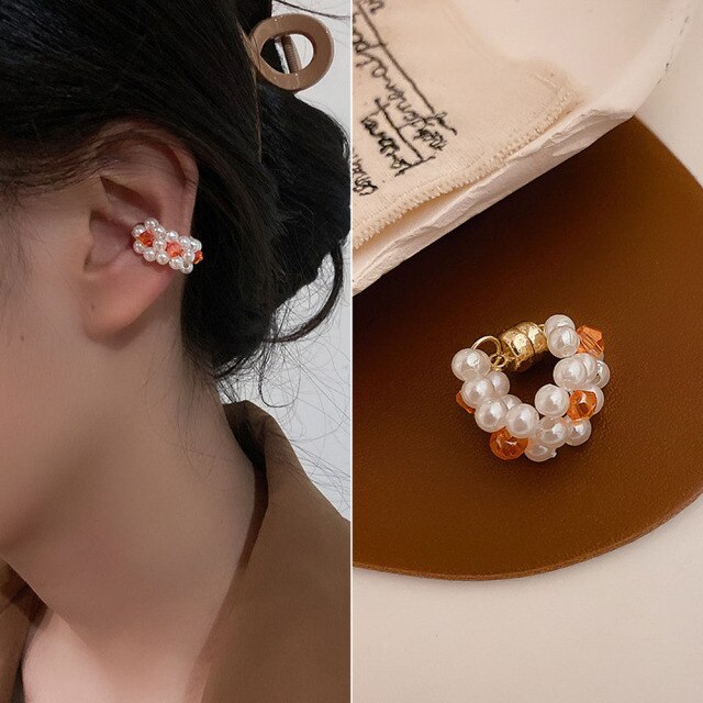 Colourful Beads Magnetic Ear Cuff Korean Handmade Beaded Circle Pearl Clip on Earrings
