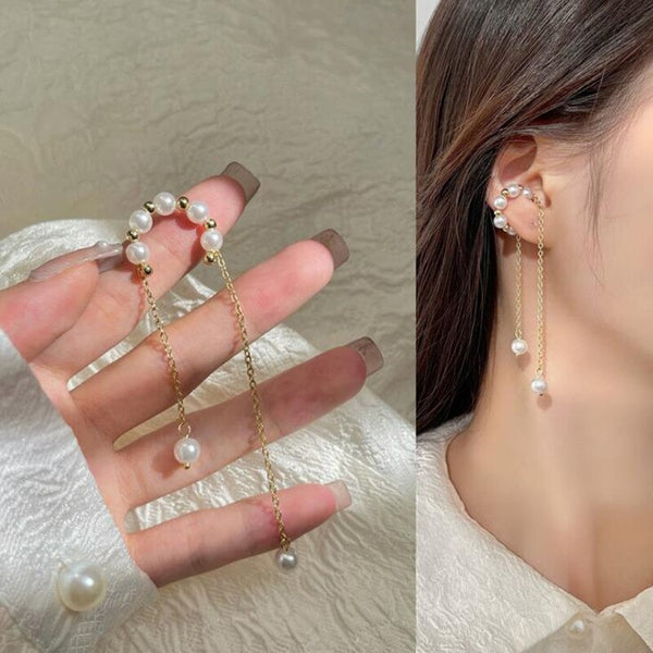 Pendientes largos con clip de aleación y perla de imitación con borlas y geometría temperamental de Corea