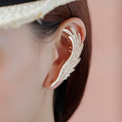 Pendientes de clip punk de moda para mujer, con alas de ángel, color dorado