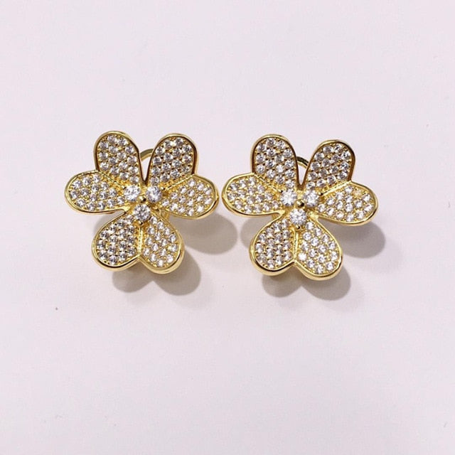 Leaf Flower Earring   Rose Gold Color Full Rhinestone Crystal Clip Earrings