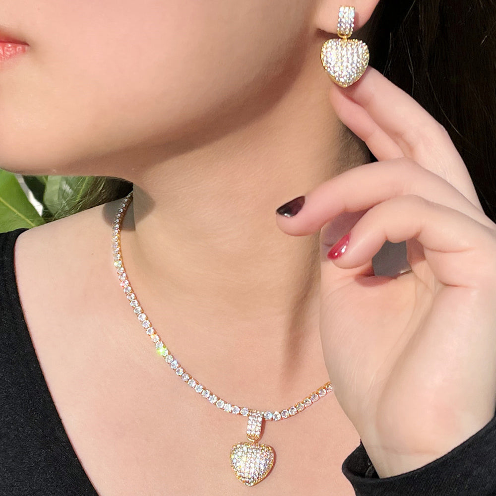 CZ Zircon Brazilian Gold Heart Shape Pendant Necklace and Earring Jewelry Sets