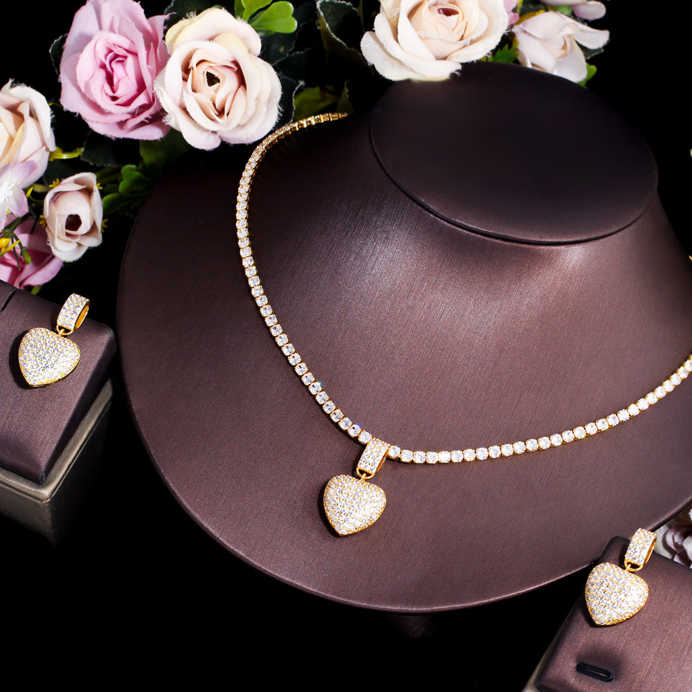 CZ Zircon Brazilian Gold Heart Shape Pendant Necklace and Earring Jewelry Sets