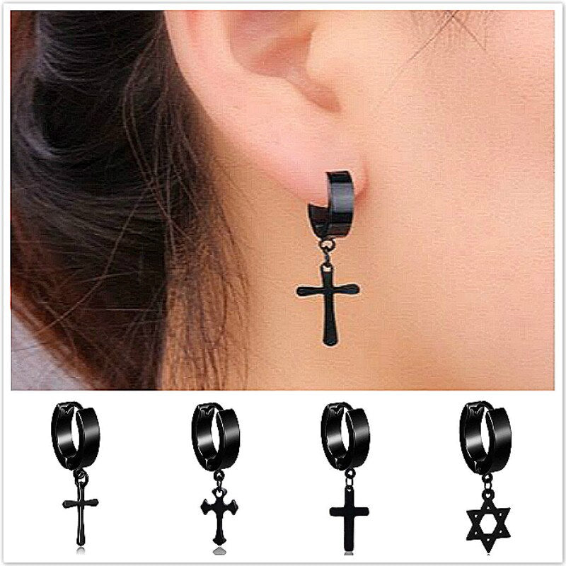 Stainless Steel Clip Earrings Black/Silver Color Cross Gothic Earrings