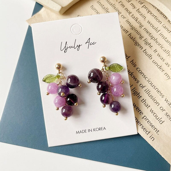 Pendientes de uva con cuentas de cristal morado estilo coreano