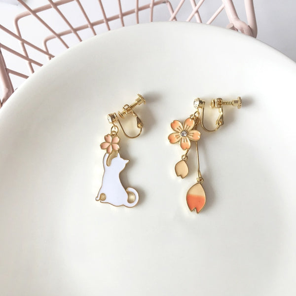 Pendientes de clip con forma de gato, bonitos y bonitos, de estilo japonés, para niñas y mujeres.