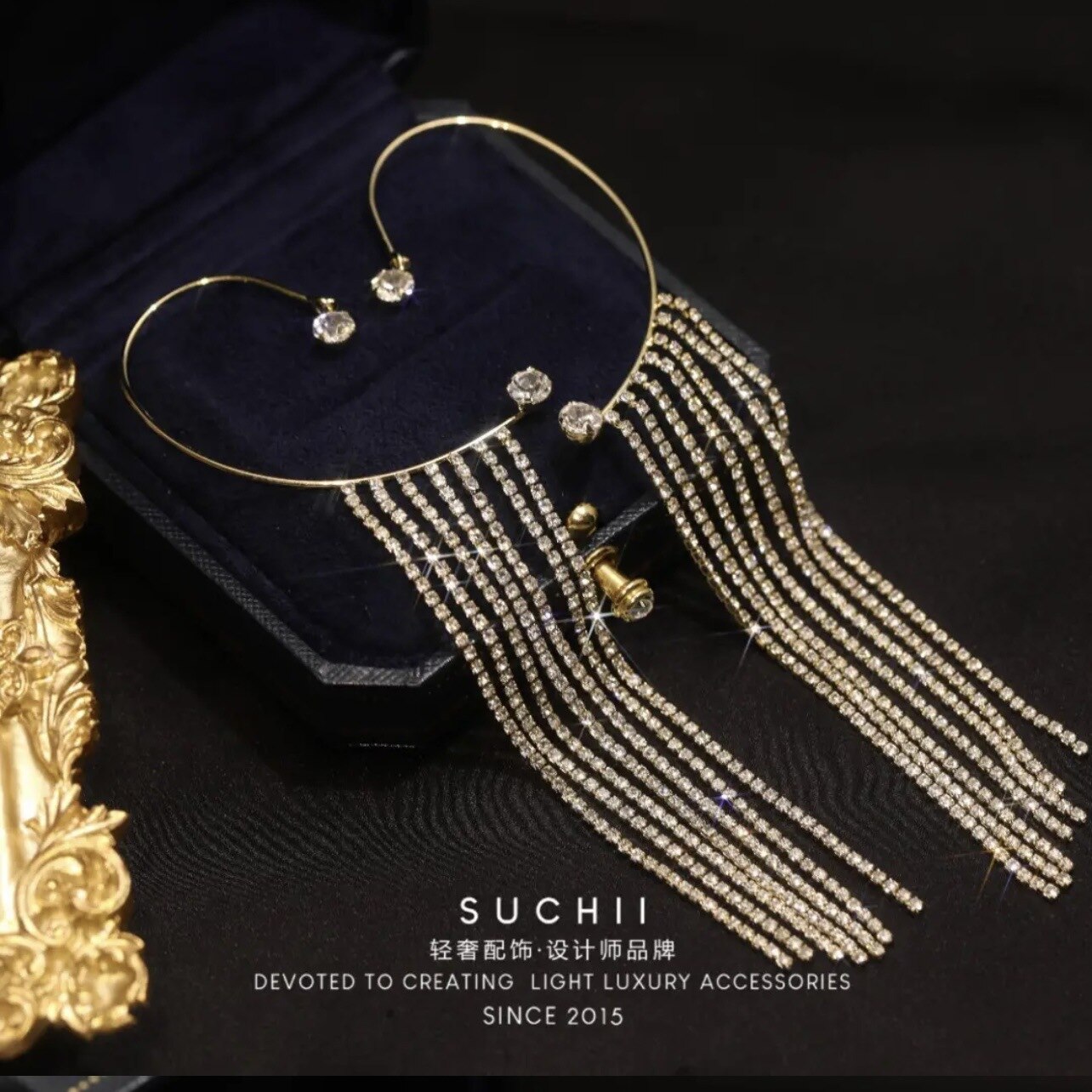 Fashion Luxury Zircon Long Tassel Ear Cuff Earrings
