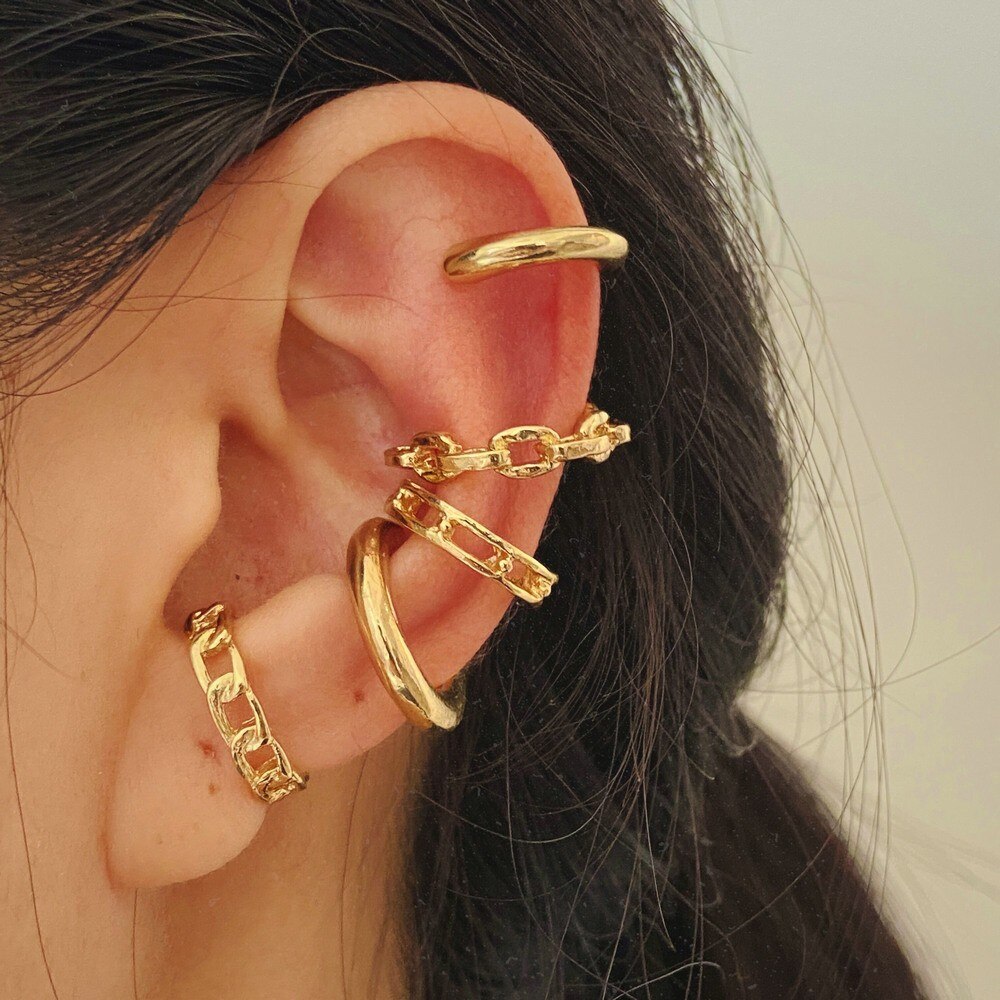 Punk Rock Gold Color Clip Earrings No Piercing Trendy Link Chain Ear Cuffs