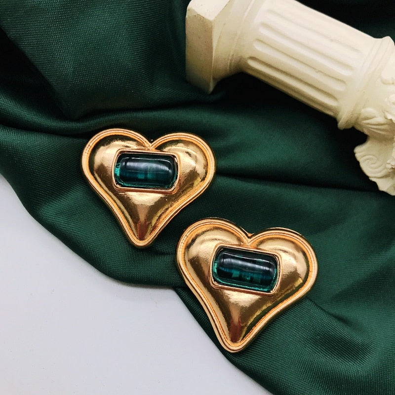 Big Heart Earrings Clip-on Green Stone Alloy Exaggerate Statement Ear Clips