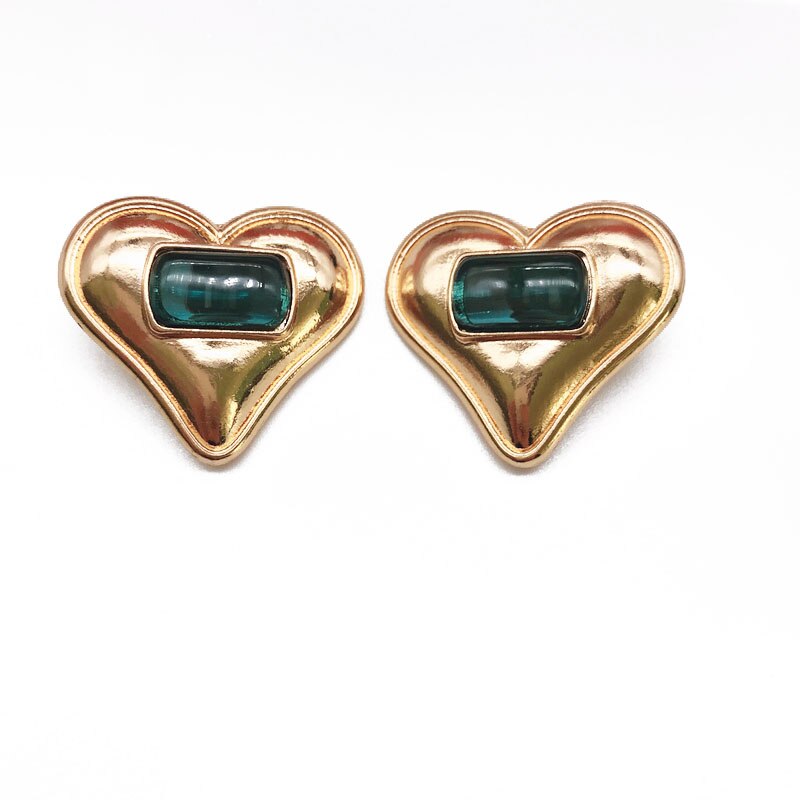 Big Heart Earrings Clip-on Green Stone Alloy Exaggerate Statement Ear Clips